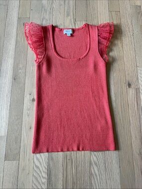 Carven Coral Knit Tank with Sheer Ruffle Sleeves